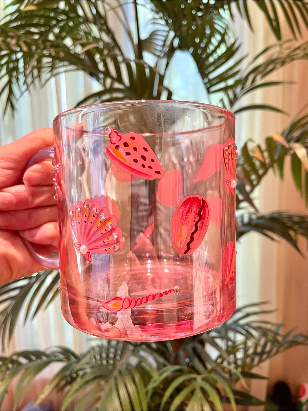 Marshalls Pink Shell-Print gem Glass Mug never used